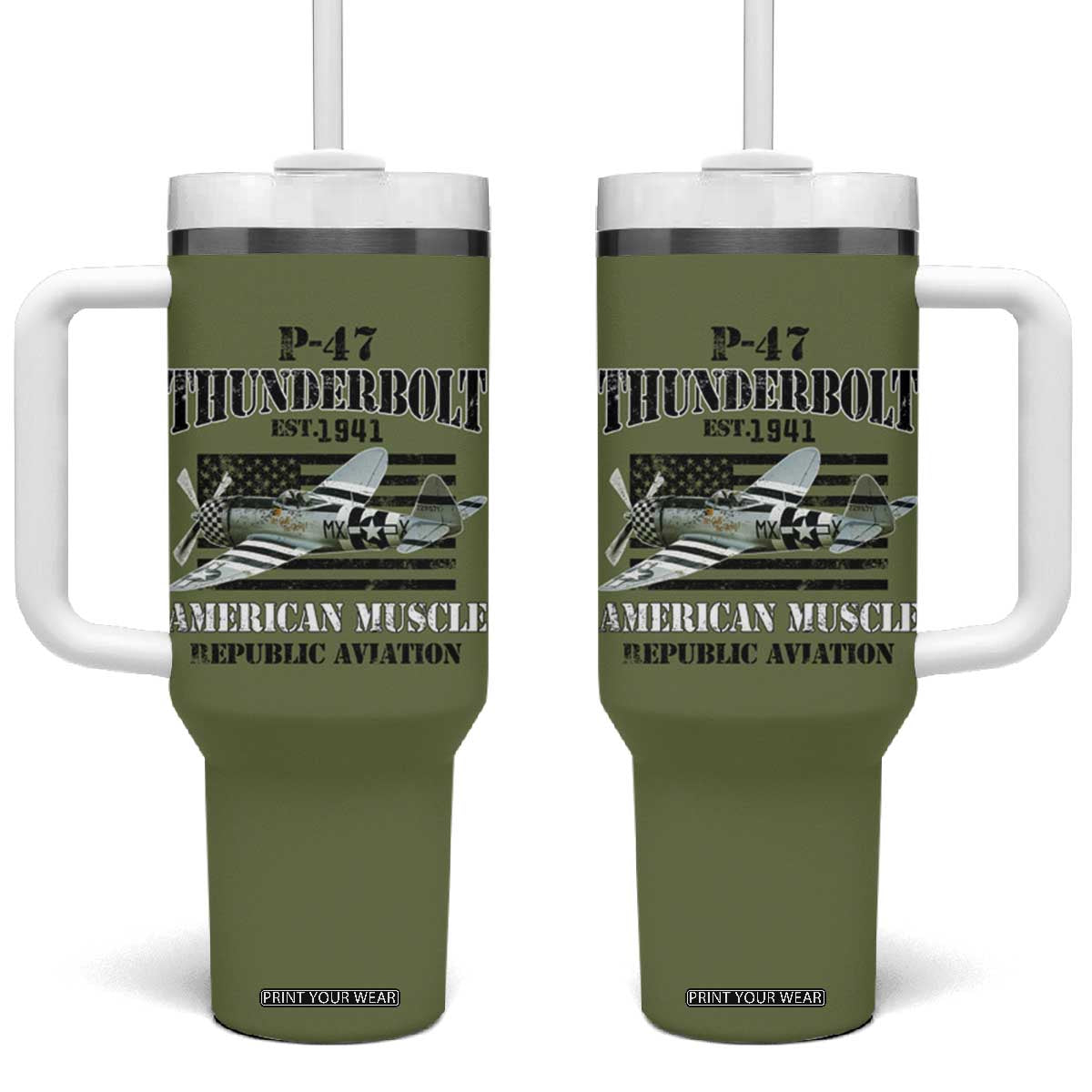 P-47 Thunderbolt WWII Airplane Tumbler With Handle American Muscle Vintage TS02 One Size: 40 oz Military Green Print Your Wear