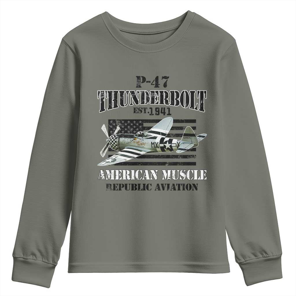 P-47 Thunderbolt WWII Airplane Youth Sweatshirt American Muscle Vintage TS02 Military Green Print Your Wear