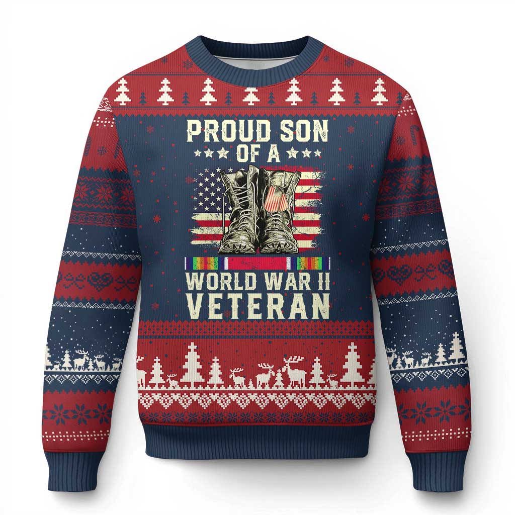 Proud Son Of World War 2 Veteran Ugly Christmas Sweater WWII Vet Pride TS02 Navy Red Print Your Wear