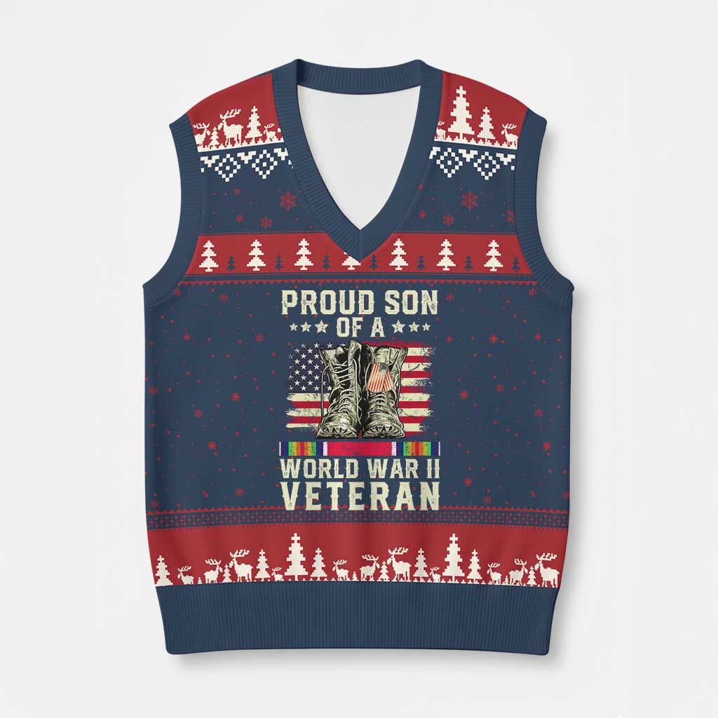 Proud Son Of World War 2 Veteran V-Neck Knit Sweater Vest WWII Vet Pride TS02 Navy Red Print Your Wear