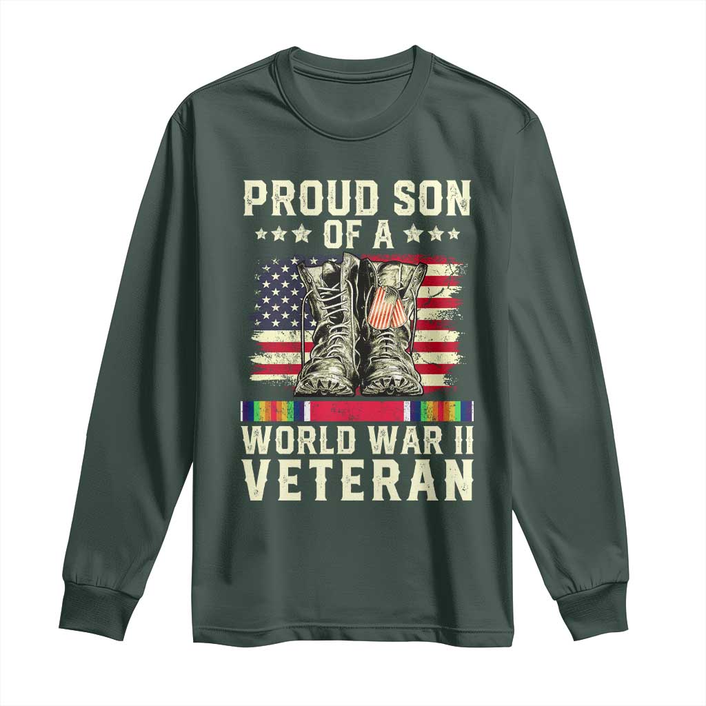 Proud Son Of World War 2 Veteran Long Sleeve Shirt WWII Vet Pride TS02 Dark Forest Green Print Your Wear