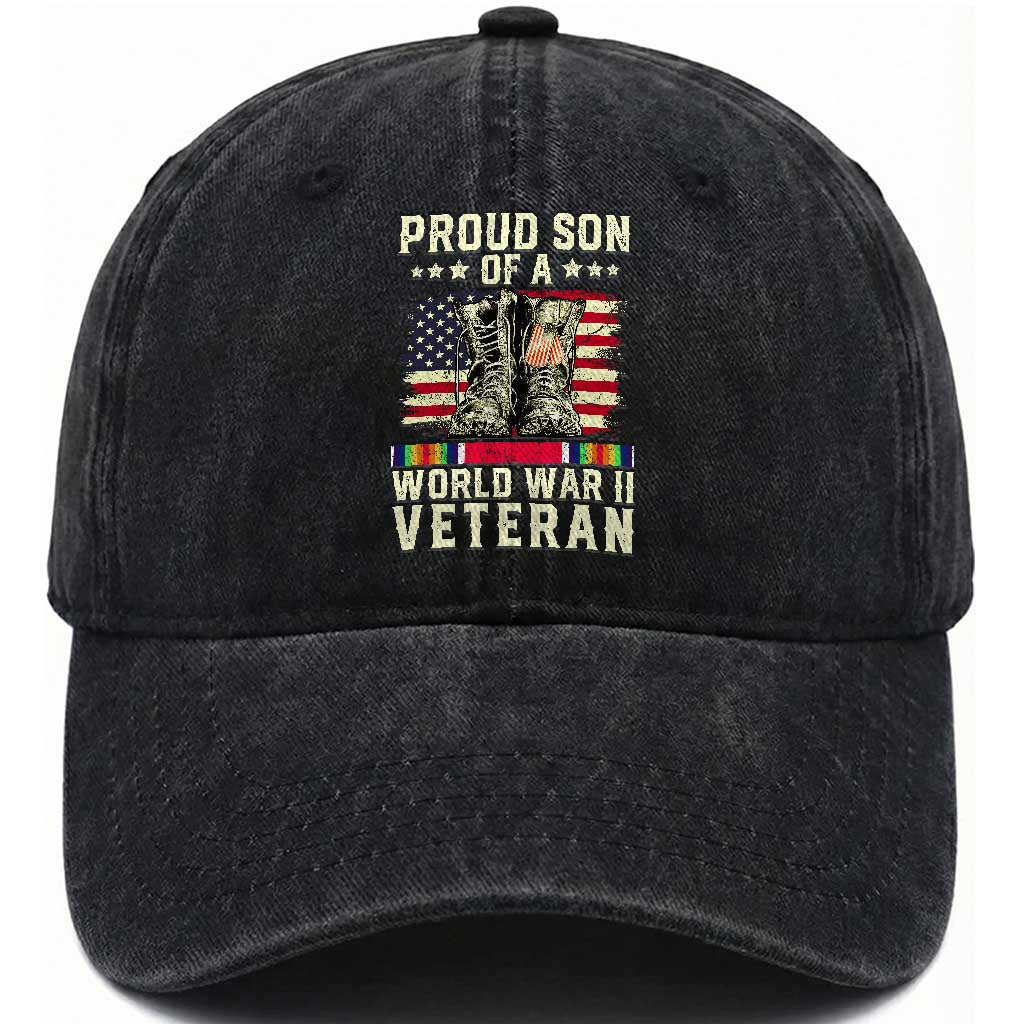 Proud Son Of World War 2 Veteran Washed Cotton Baseball Cap WWII Vet Pride TS02 Washed Cap Universal Fit Black Print Your Wear