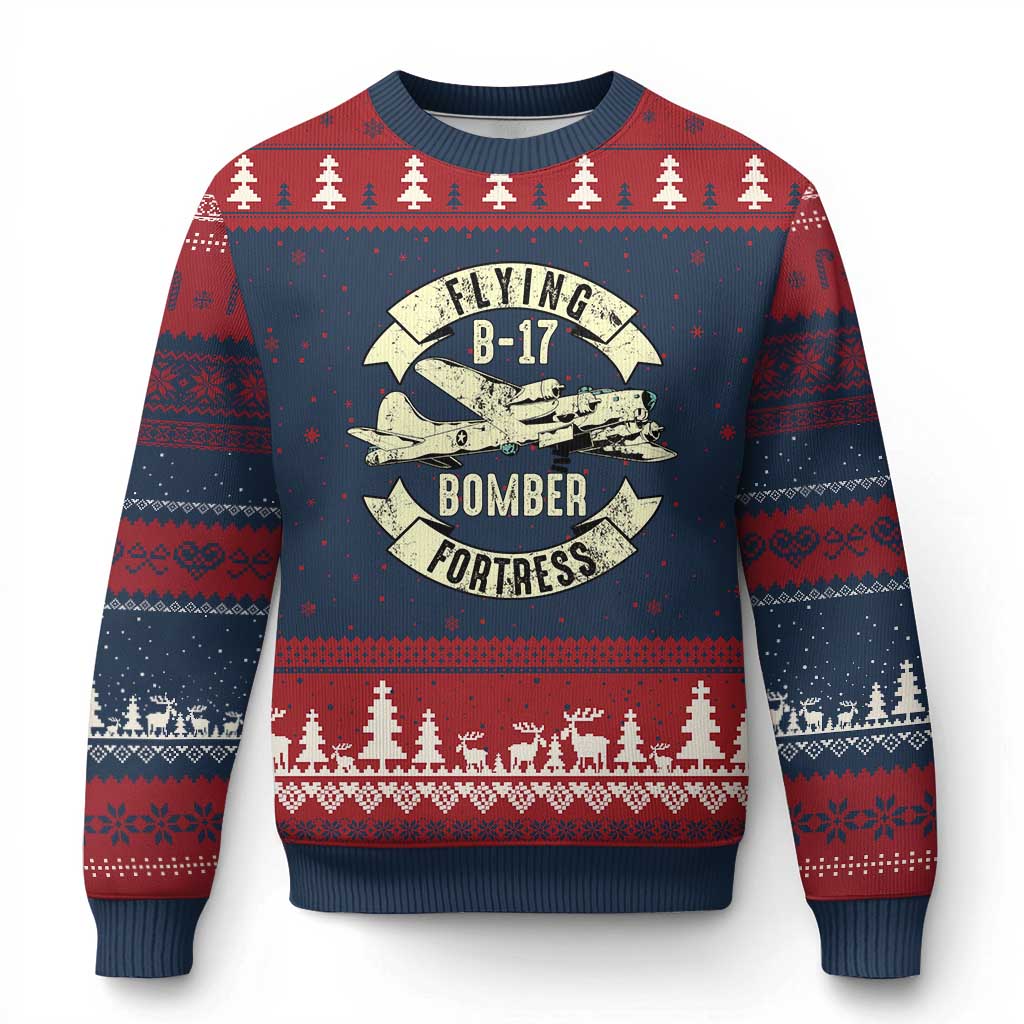 Vintage B-17 Bomber WW2 Aircraft Ugly Christmas Sweater Plane Aviation Fighter Airplane Retro Grunge TS02 Navy Red Print Your Wear