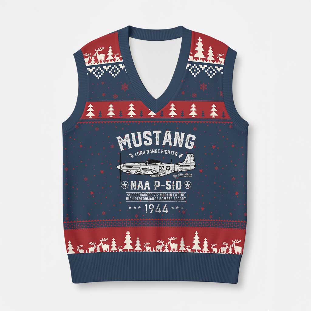 P-51 Mustang V-Neck Knit Sweater Vest North American Aviation WW2 P51 Fighter Plane TS02 Navy Red Print Your Wear