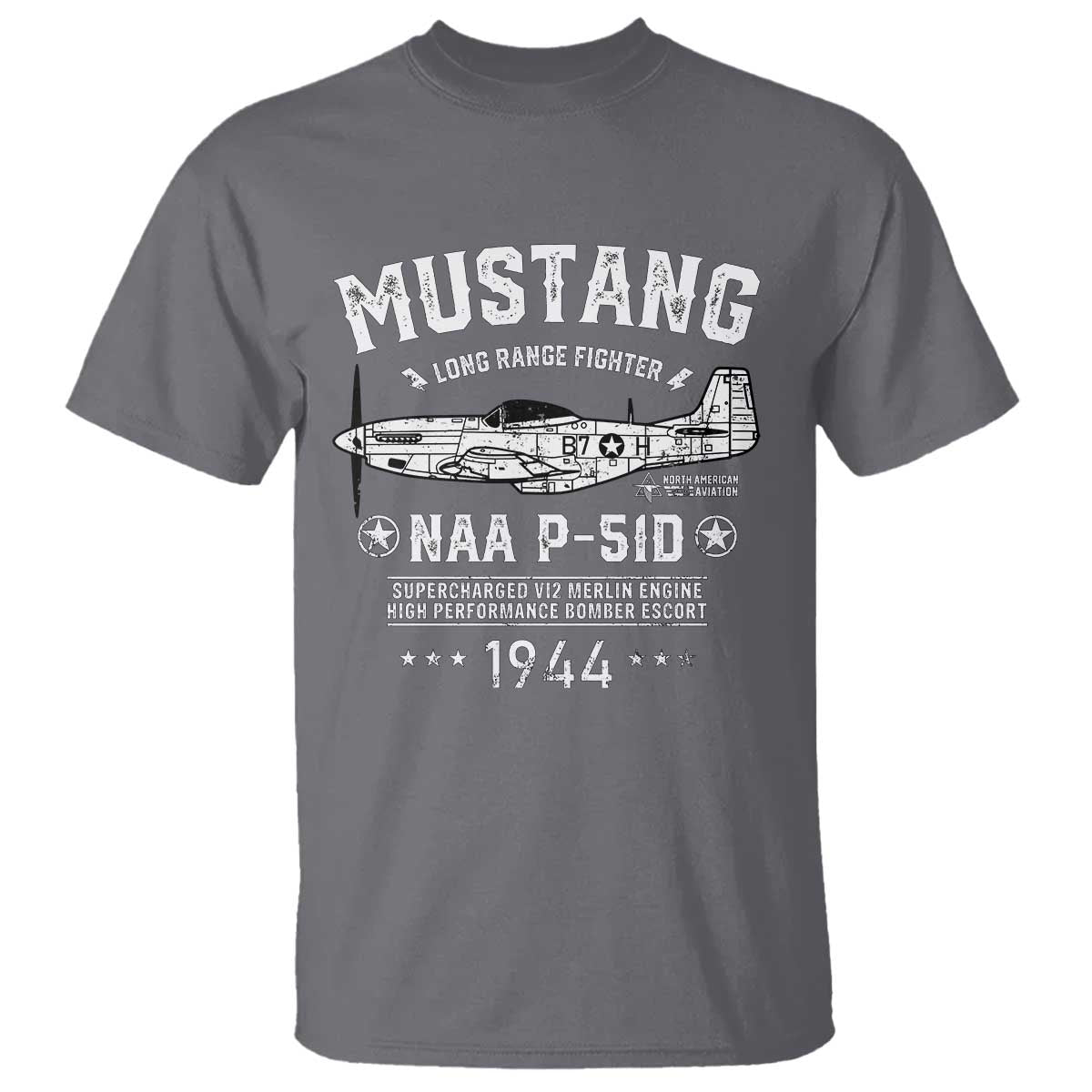 P-51 Mustang T Shirt North American Aviation WW2 P51 Fighter Plane TS02 Charcoal Print Your Wear
