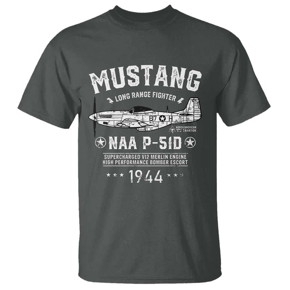 P-51 Mustang T Shirt North American Aviation WW2 P51 Fighter Plane TS02 Dark Heather Print Your Wear