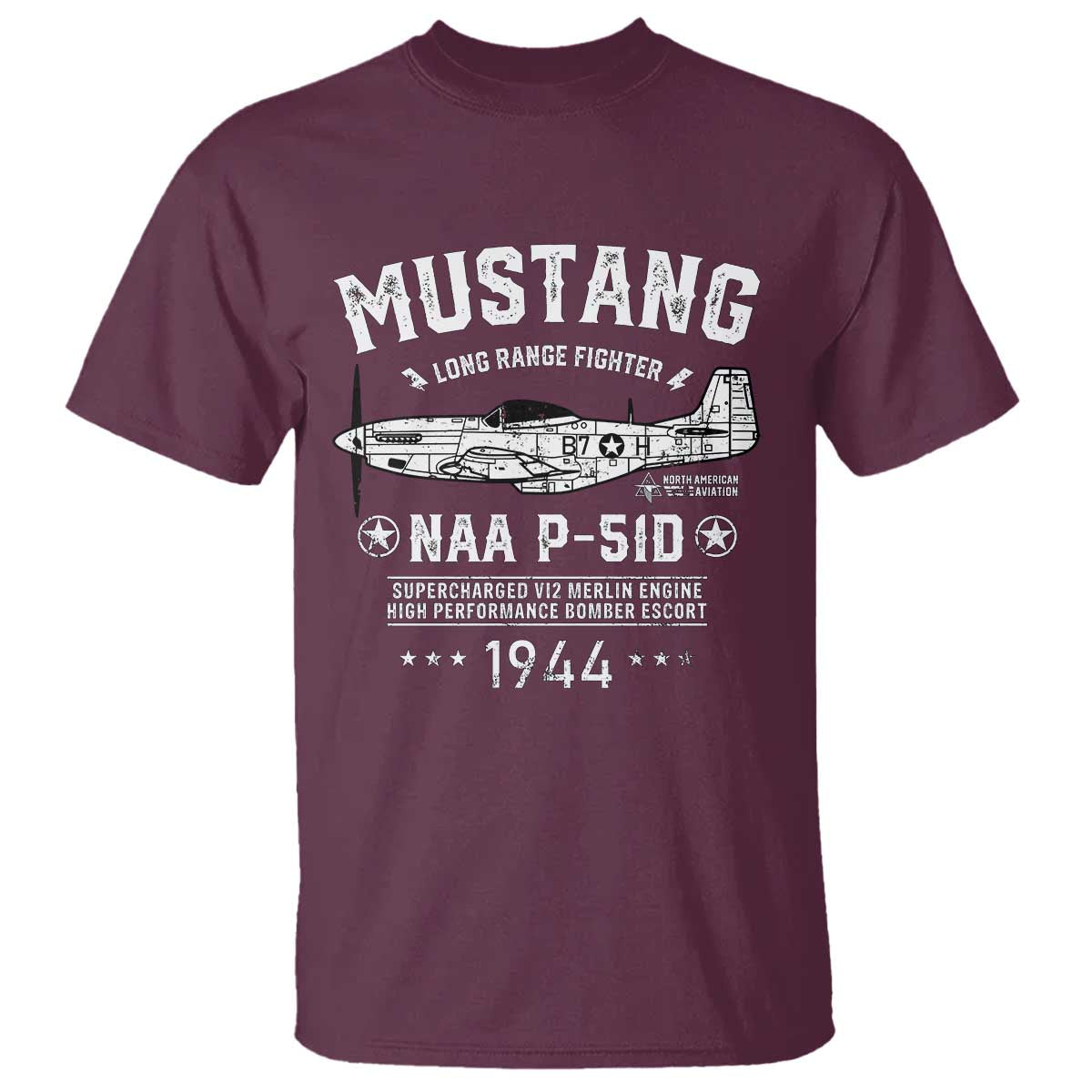 P-51 Mustang T Shirt North American Aviation WW2 P51 Fighter Plane TS02 Maroon Print Your Wear