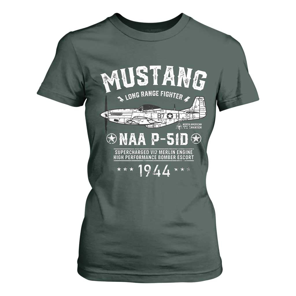 P-51 Mustang T Shirt For Women North American Aviation WW2 P51 Fighter Plane TS02 Dark Forest Green Print Your Wear