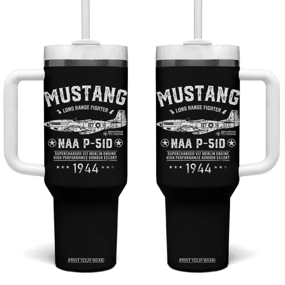 P-51 Mustang Tumbler With Handle North American Aviation WW2 P51 Fighter Plane TS02 One Size: 40 oz Black Print Your Wear