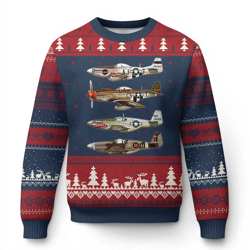 WW2 Warplanes B-17 P51 Ugly Christmas Sweater Vintage WWII Fighter Planes Iconic Military Aircraft TS02 Navy Red Print Your Wear