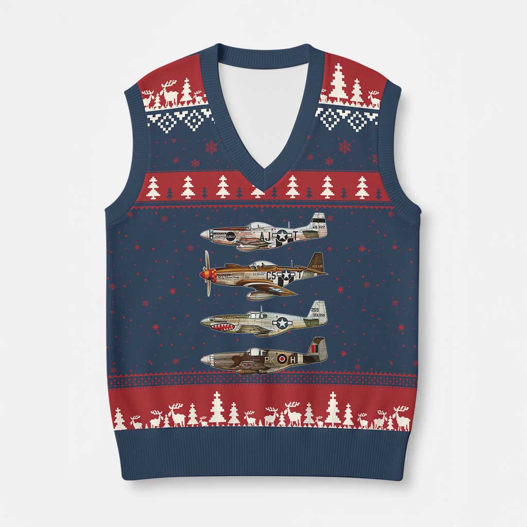 WW2 Warplanes B-17 P51 V-Neck Knit Sweater Vest Vintage WWII Fighter Planes Iconic Military Aircraft TS02 Navy Red Print Your Wear