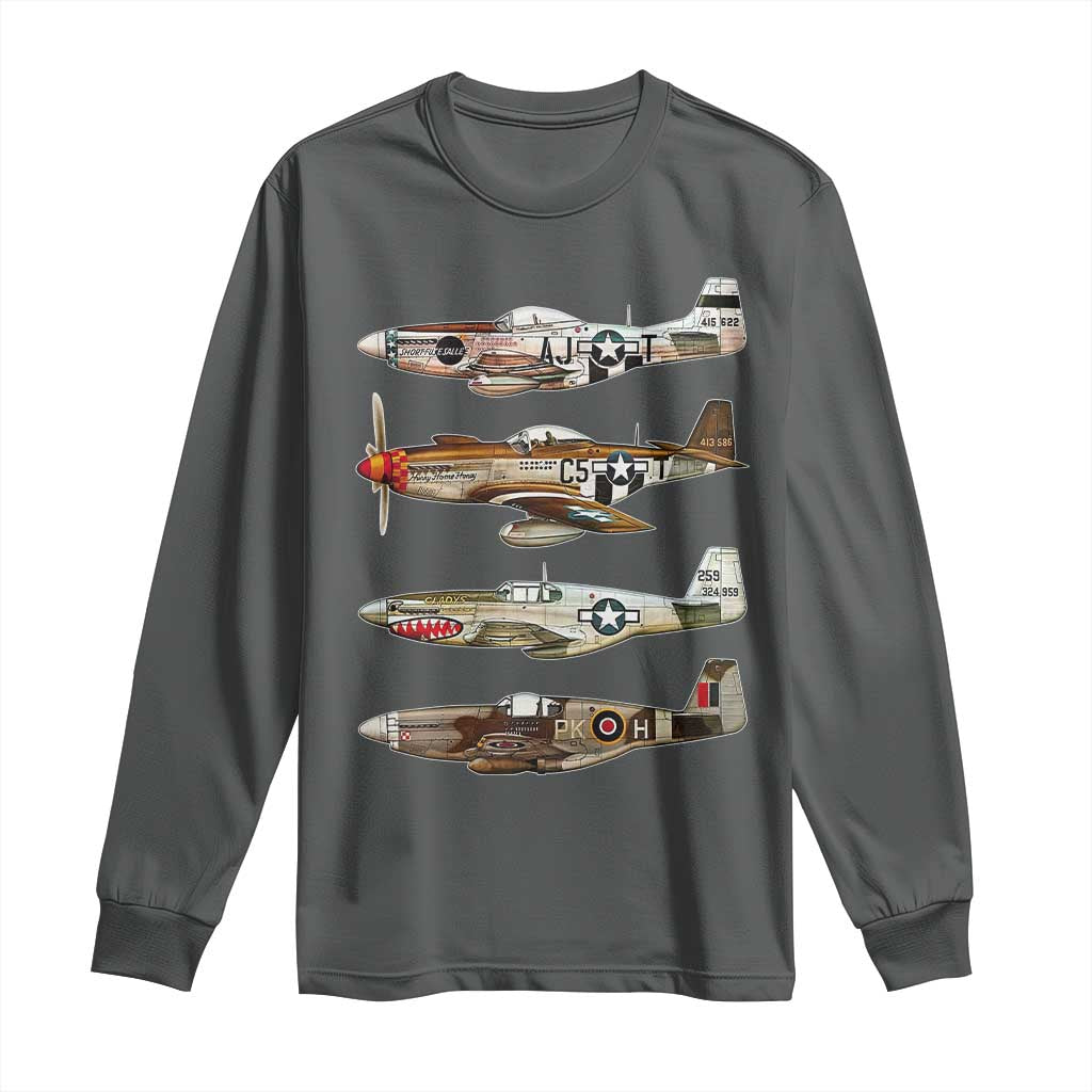 WW2 Warplanes B-17 P51 Long Sleeve Shirt Vintage WWII Fighter Planes Iconic Military Aircraft TS02 Dark Heather Print Your Wear