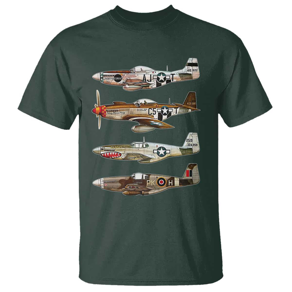 WW2 Warplanes B-17 P51 T Shirt Vintage WWII Fighter Planes Iconic Military Aircraft TS02 Dark Forest Green Print Your Wear