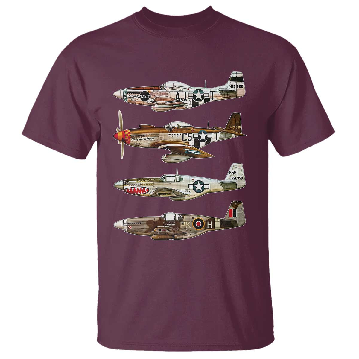 WW2 Warplanes B-17 P51 T Shirt Vintage WWII Fighter Planes Iconic Military Aircraft TS02 Maroon Print Your Wear
