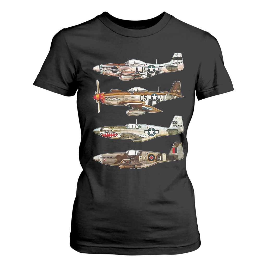 WW2 Warplanes B-17 P51 T Shirt For Women Vintage WWII Fighter Planes Iconic Military Aircraft TS02 Black Print Your Wear