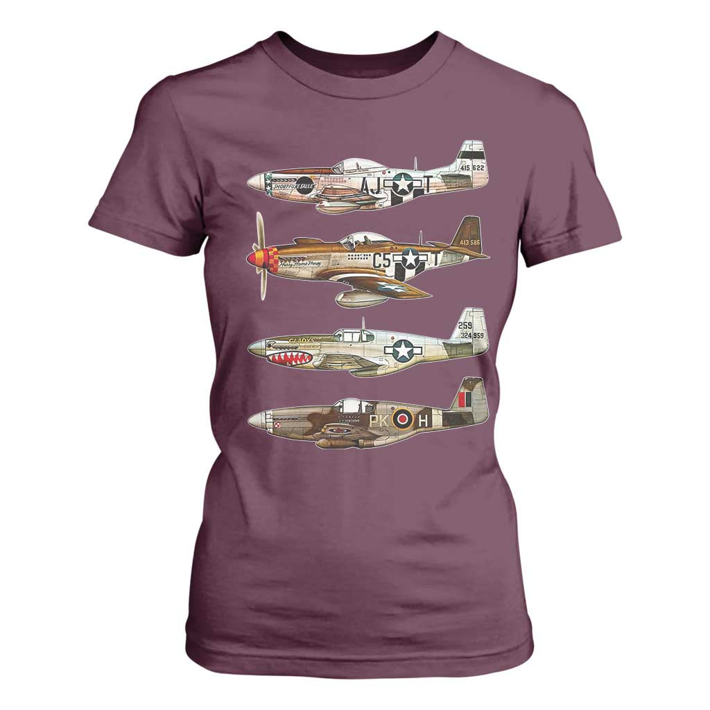 WW2 Warplanes B-17 P51 T Shirt For Women Vintage WWII Fighter Planes Iconic Military Aircraft TS02 Maroon Print Your Wear