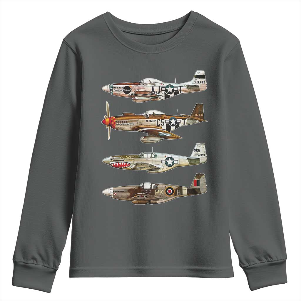 WW2 Warplanes B-17 P51 Youth Sweatshirt Vintage WWII Fighter Planes Iconic Military Aircraft TS02 Dark Heather Print Your Wear