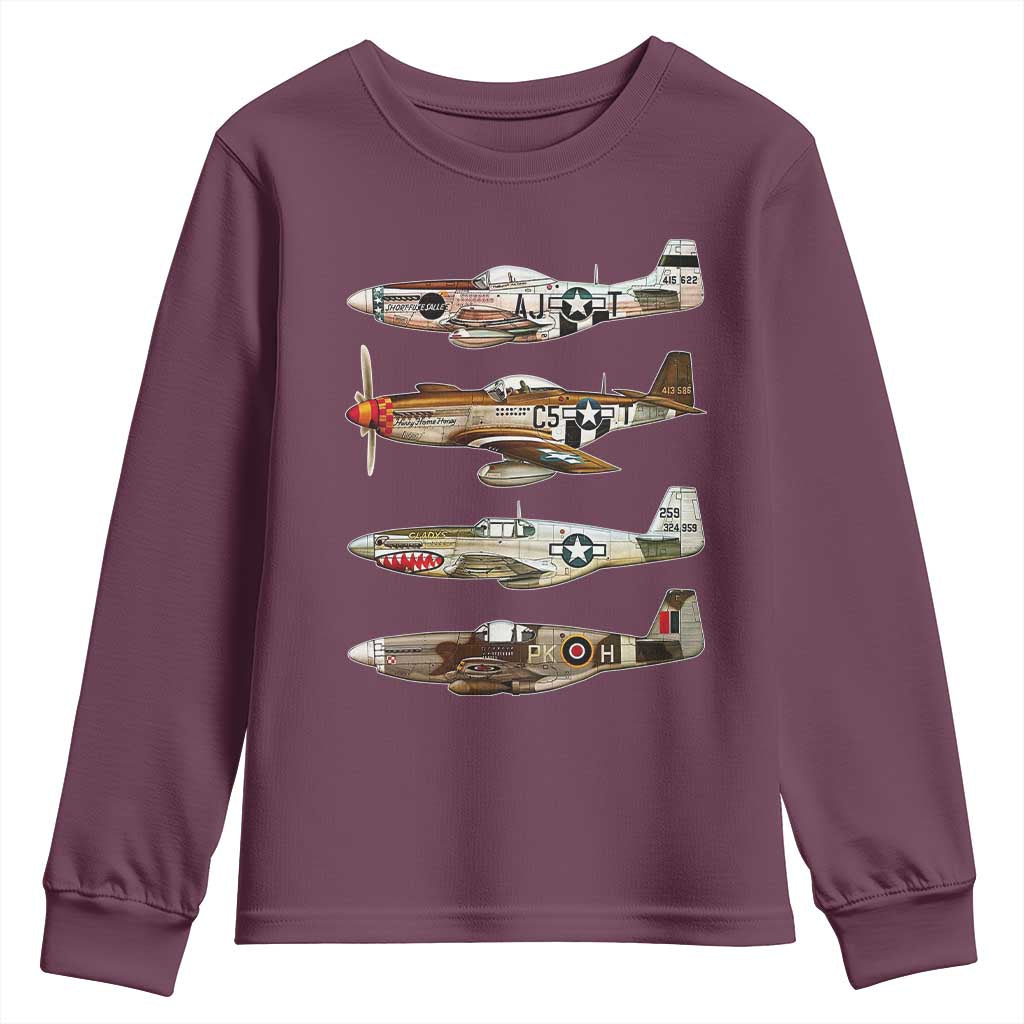 WW2 Warplanes B-17 P51 Youth Sweatshirt Vintage WWII Fighter Planes Iconic Military Aircraft TS02 Maroon Print Your Wear