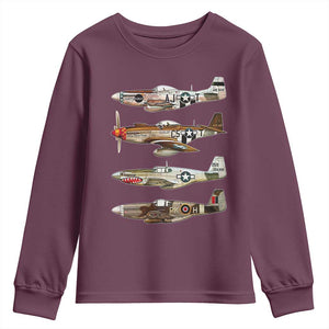 WW2 Warplanes B-17 P51 Youth Sweatshirt Vintage WWII Fighter Planes Iconic Military Aircraft TS02 Maroon Print Your Wear