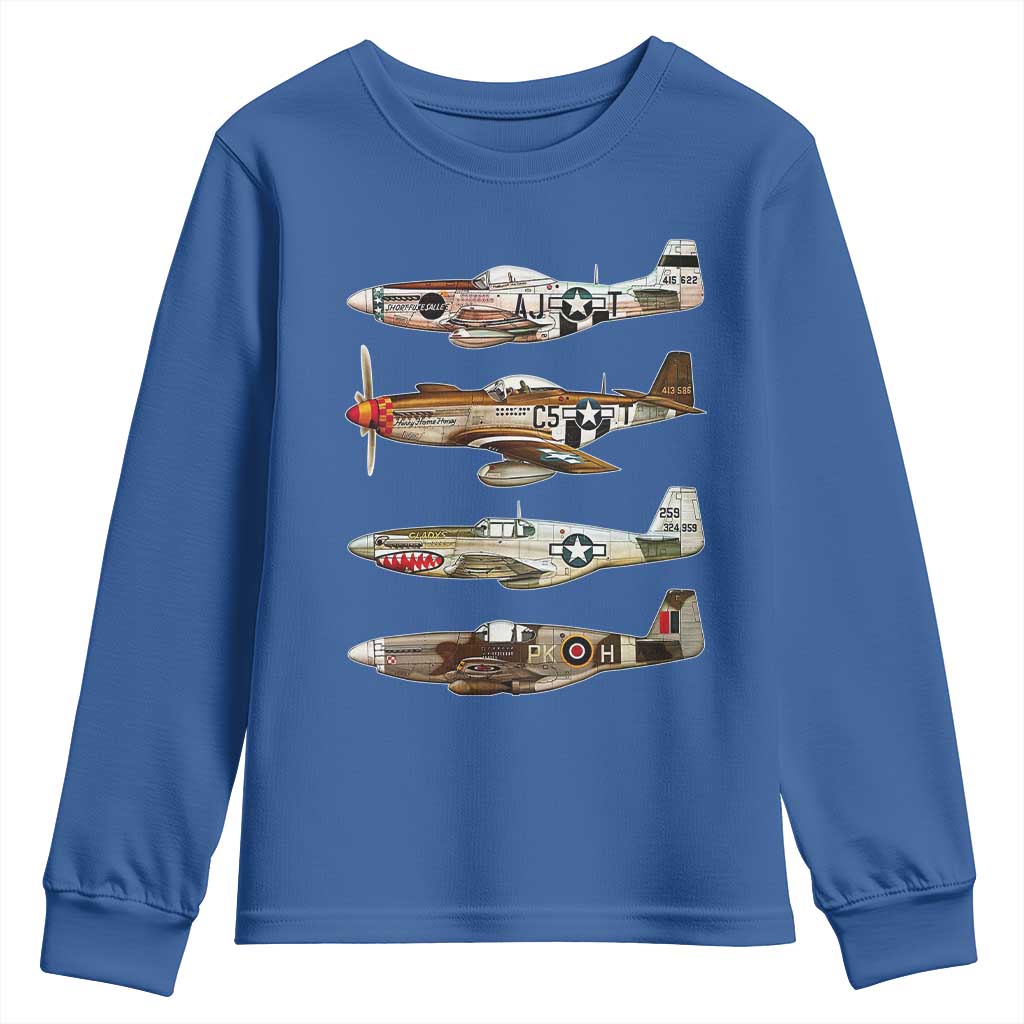WW2 Warplanes B-17 P51 Youth Sweatshirt Vintage WWII Fighter Planes Iconic Military Aircraft TS02 Royal Blue Print Your Wear