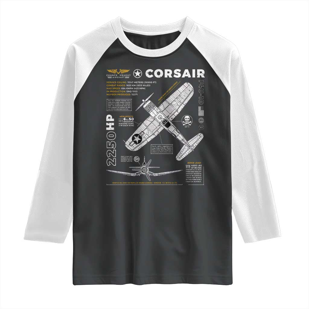 F4U Corsair Raglan Shirt WW2 Fighter Plane US WWII Warbird Vintage TS02 Black White Print Your Wear