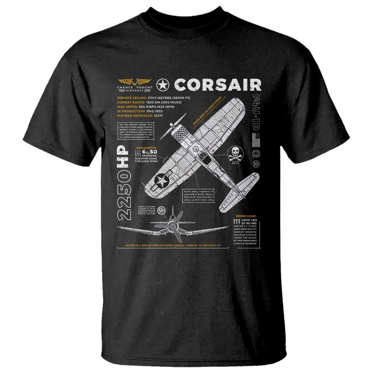 F4U Corsair T Shirt WW2 Fighter Plane US WWII Warbird Vintage TS02 Black Print Your Wear