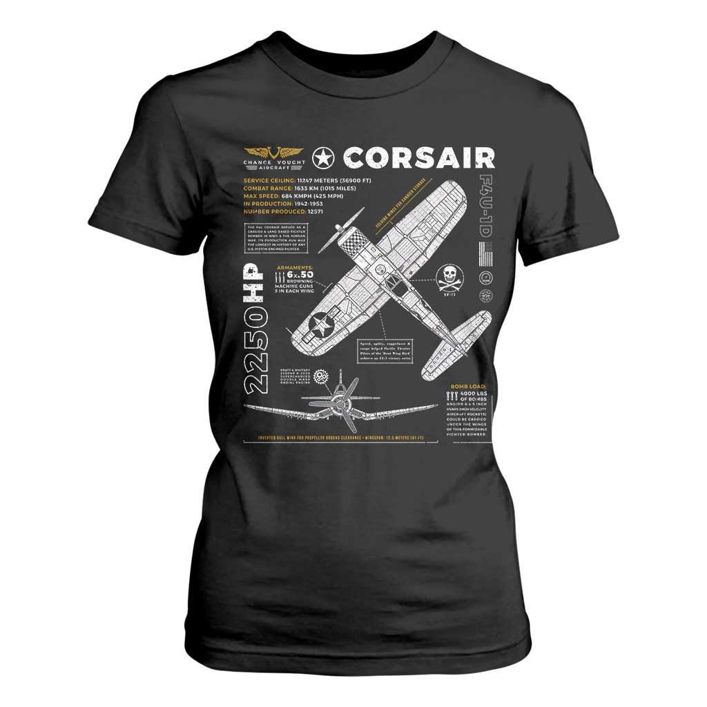 F4U Corsair T Shirt For Women WW2 Fighter Plane US WWII Warbird Vintage TS02 Black Print Your Wear