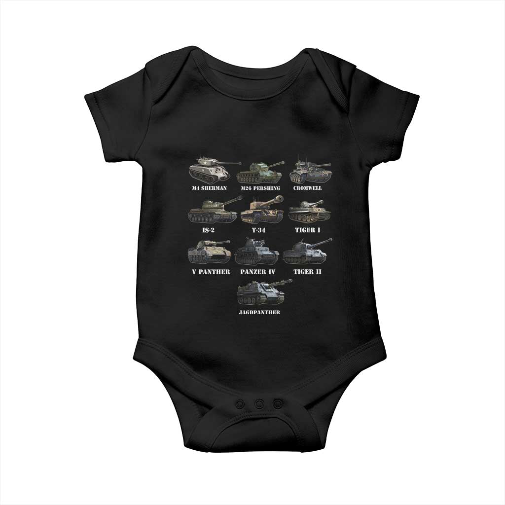 WW2 Tanks Baby Onesie M4 Sherman Panzer IV Tiger II T-34 History Buff TS02 Black Print Your Wear