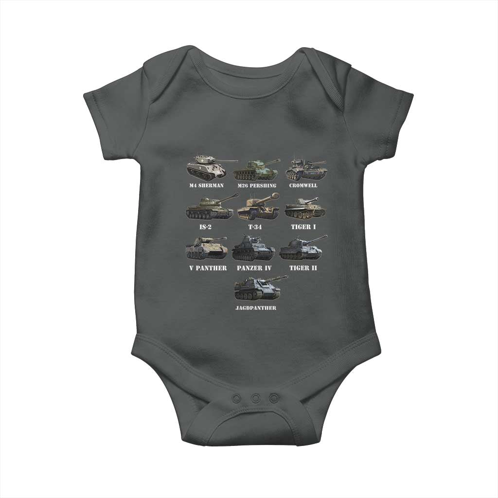 WW2 Tanks Baby Onesie M4 Sherman Panzer IV Tiger II T-34 History Buff TS02 Dark Heather Print Your Wear