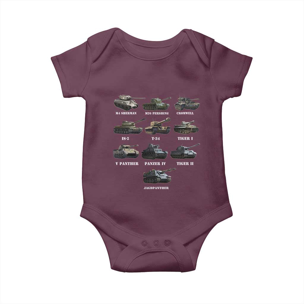 WW2 Tanks Baby Onesie M4 Sherman Panzer IV Tiger II T-34 History Buff TS02 Maroon Print Your Wear