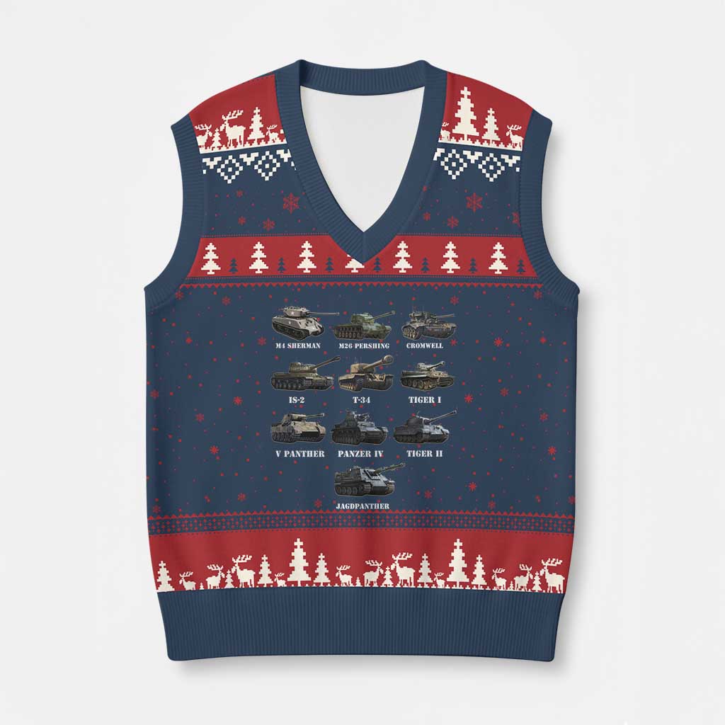 WW2 Tanks V-Neck Knit Sweater Vest M4 Sherman Panzer IV Tiger II T-34 History Buff TS02 Navy Red Print Your Wear