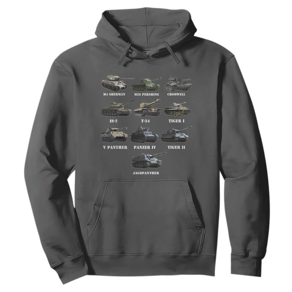 WW2 Tanks Hoodie M4 Sherman Panzer IV Tiger II T-34 History Buff TS02 Dark Heather Print Your Wear