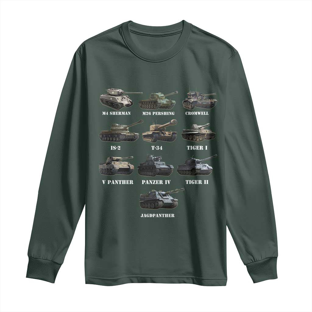 WW2 Tanks Long Sleeve Shirt M4 Sherman Panzer IV Tiger II T-34 History Buff TS02 Dark Forest Green Print Your Wear