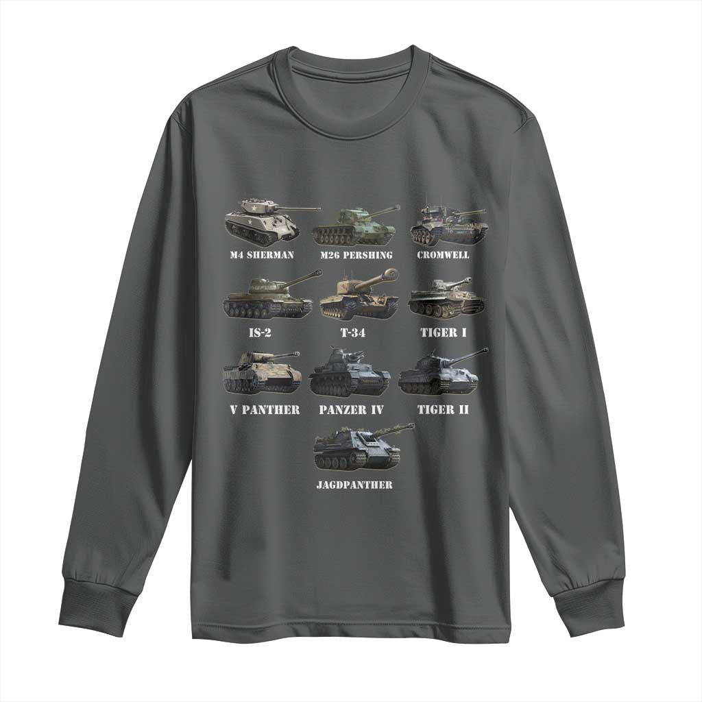 WW2 Tanks Long Sleeve Shirt M4 Sherman Panzer IV Tiger II T-34 History Buff TS02 Dark Heather Print Your Wear