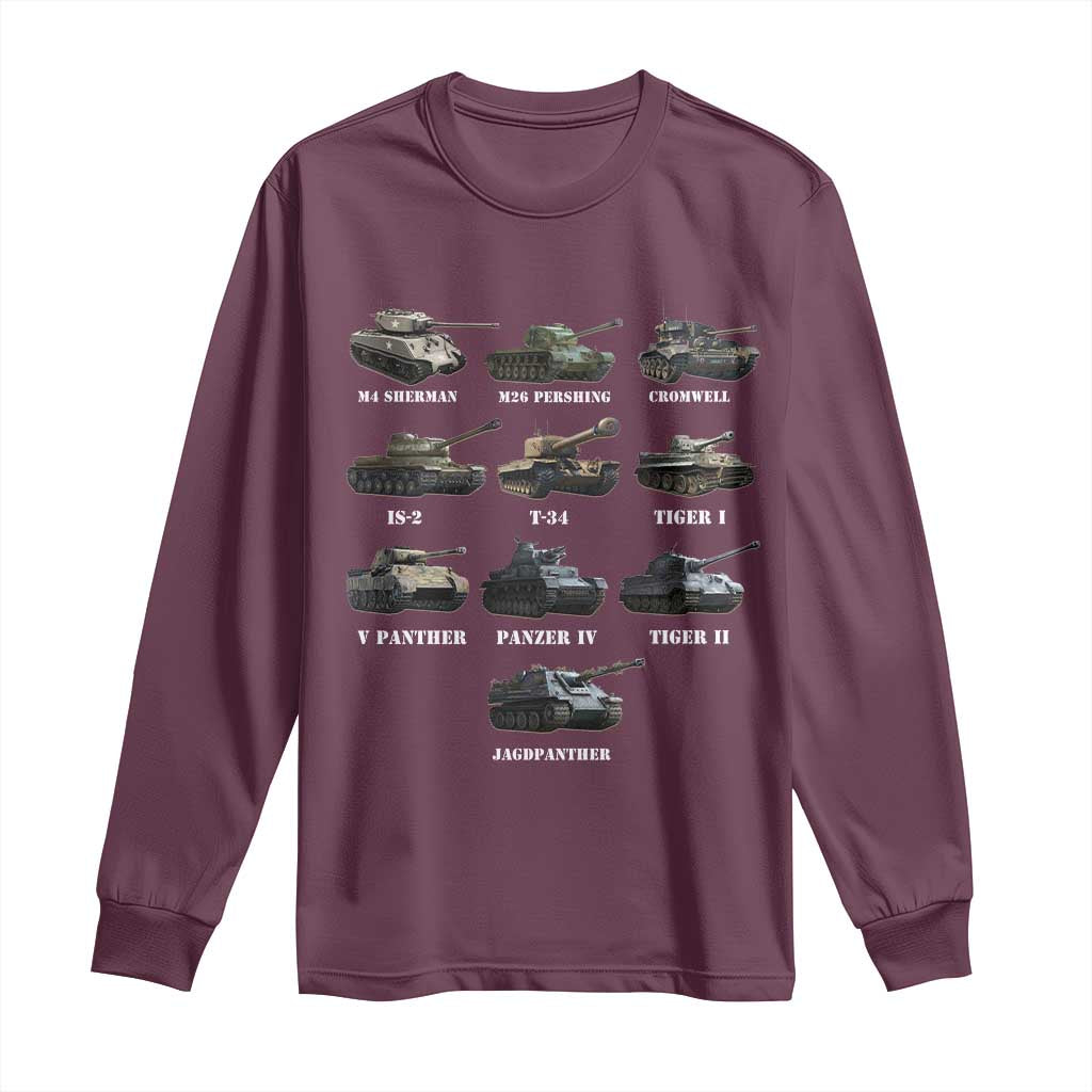 WW2 Tanks Long Sleeve Shirt M4 Sherman Panzer IV Tiger II T-34 History Buff TS02 Maroon Print Your Wear