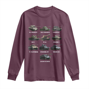 WW2 Tanks Long Sleeve Shirt M4 Sherman Panzer IV Tiger II T-34 History Buff TS02 Maroon Print Your Wear