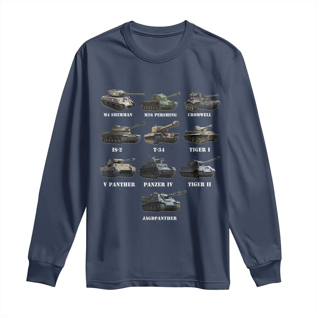 WW2 Tanks Long Sleeve Shirt M4 Sherman Panzer IV Tiger II T-34 History Buff TS02 Navy Print Your Wear