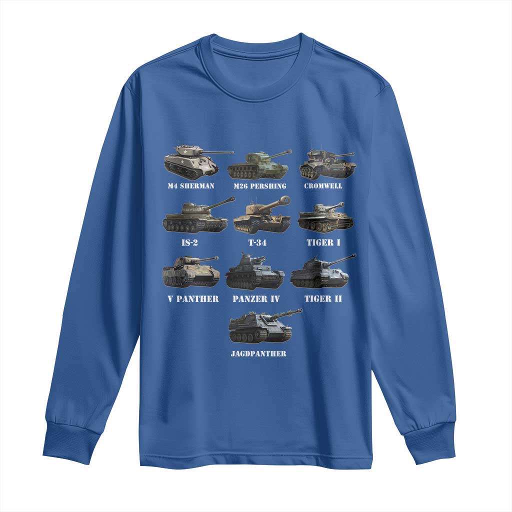 WW2 Tanks Long Sleeve Shirt M4 Sherman Panzer IV Tiger II T-34 History Buff TS02 Royal Blue Print Your Wear