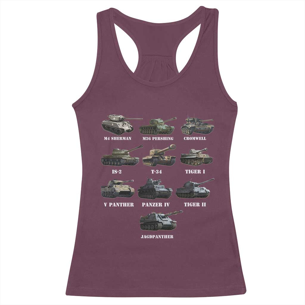 WW2 Tanks Racerback Tank Top M4 Sherman Panzer IV Tiger II T-34 History Buff TS02 Maroon Print Your Wear