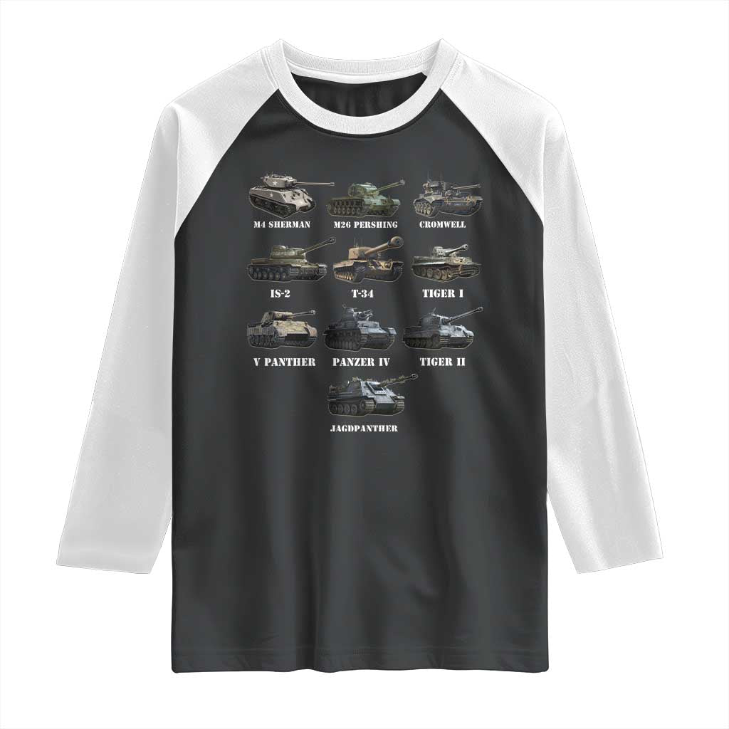 WW2 Tanks Raglan Shirt M4 Sherman Panzer IV Tiger II T-34 History Buff TS02 Black White Print Your Wear