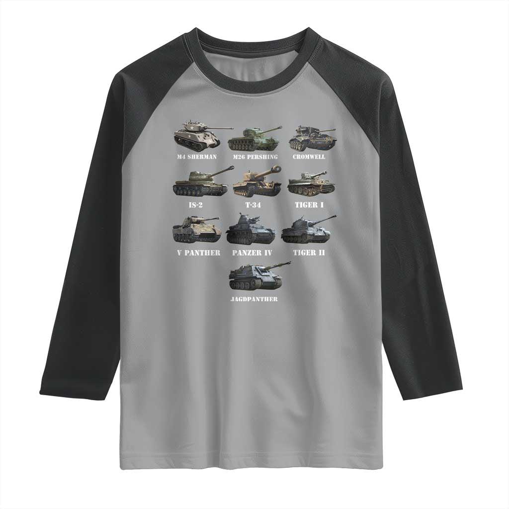 WW2 Tanks Raglan Shirt M4 Sherman Panzer IV Tiger II T-34 History Buff TS02 Sport Gray Black Print Your Wear