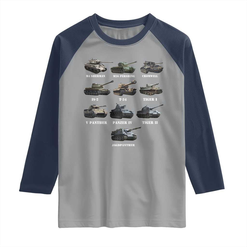 WW2 Tanks Raglan Shirt M4 Sherman Panzer IV Tiger II T-34 History Buff TS02 Sport Gray Navy Print Your Wear