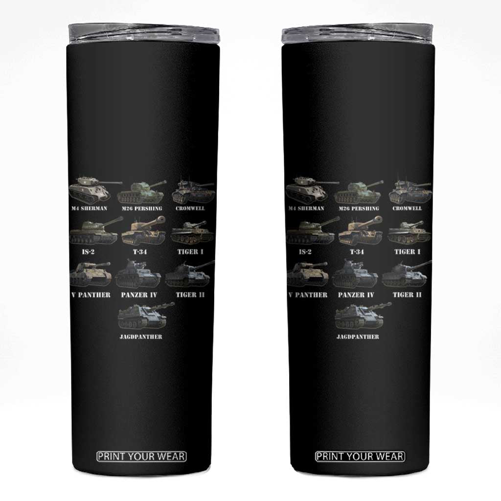 WW2 Tanks Skinny Tumbler M4 Sherman Panzer IV Tiger II T-34 History Buff TS02 Black Print Your Wear