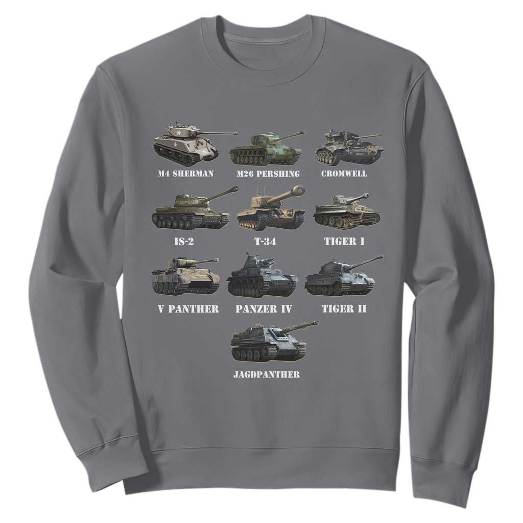 WW2 Tanks Sweatshirt M4 Sherman Panzer IV Tiger II T-34 History Buff TS02 Charcoal Print Your Wear