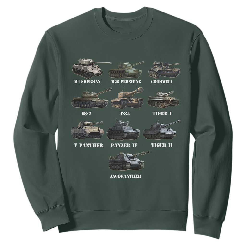 WW2 Tanks Sweatshirt M4 Sherman Panzer IV Tiger II T-34 History Buff TS02 Dark Forest Green Print Your Wear