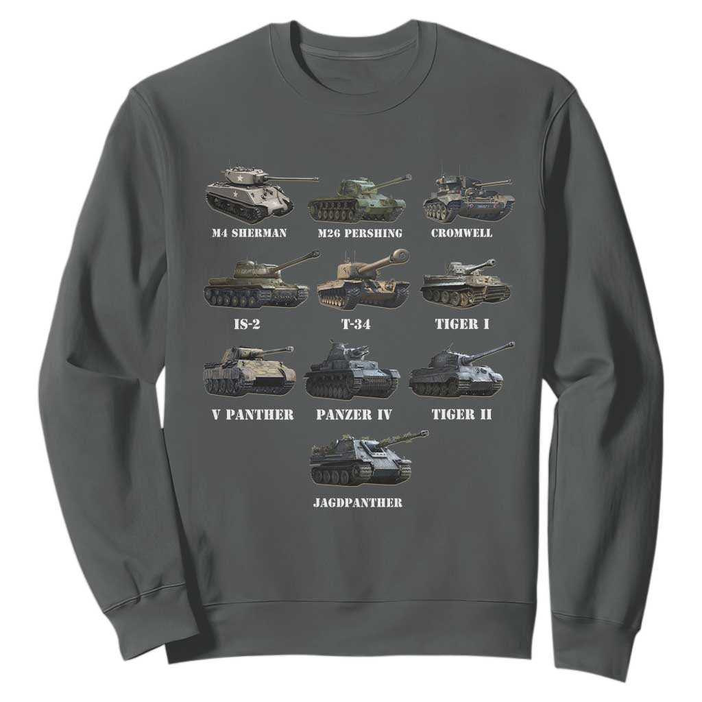WW2 Tanks Sweatshirt M4 Sherman Panzer IV Tiger II T-34 History Buff TS02 Dark Heather Print Your Wear