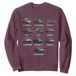 WW2 Tanks Sweatshirt M4 Sherman Panzer IV Tiger II T-34 History Buff TS02 Maroon Print Your Wear