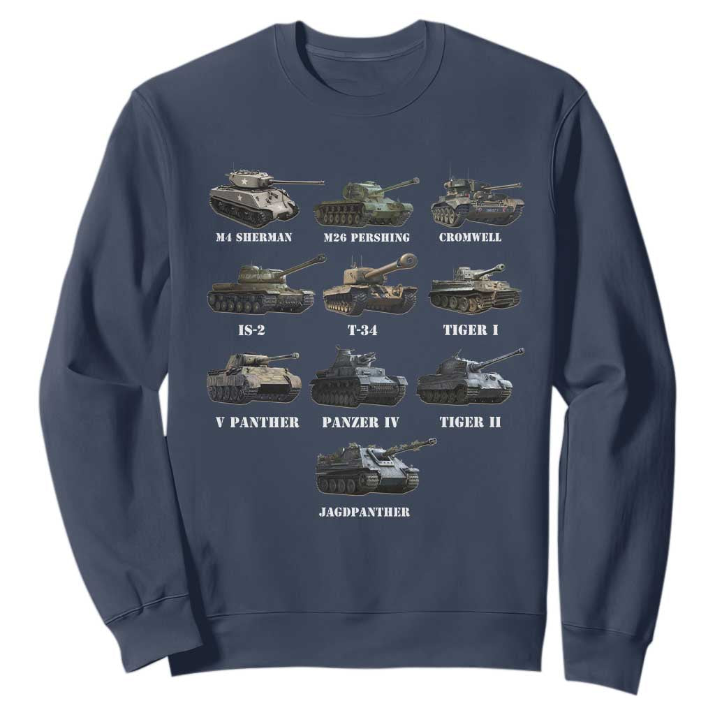 WW2 Tanks Sweatshirt M4 Sherman Panzer IV Tiger II T-34 History Buff TS02 Navy Print Your Wear