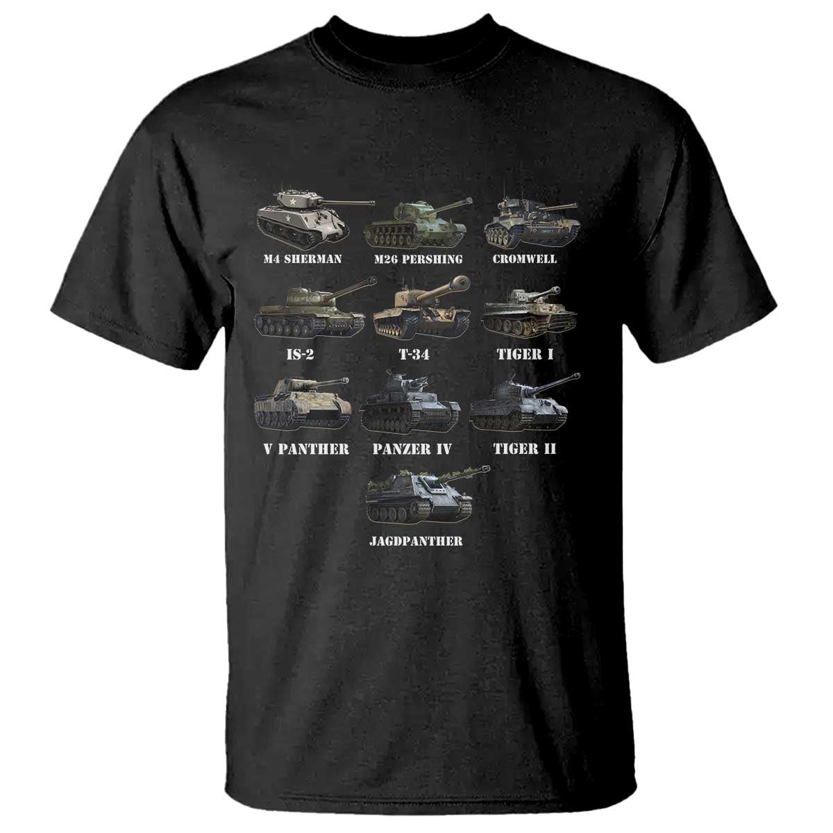 WW2 Tanks T Shirt M4 Sherman Panzer IV Tiger II T-34 History Buff TS02 Black Print Your Wear