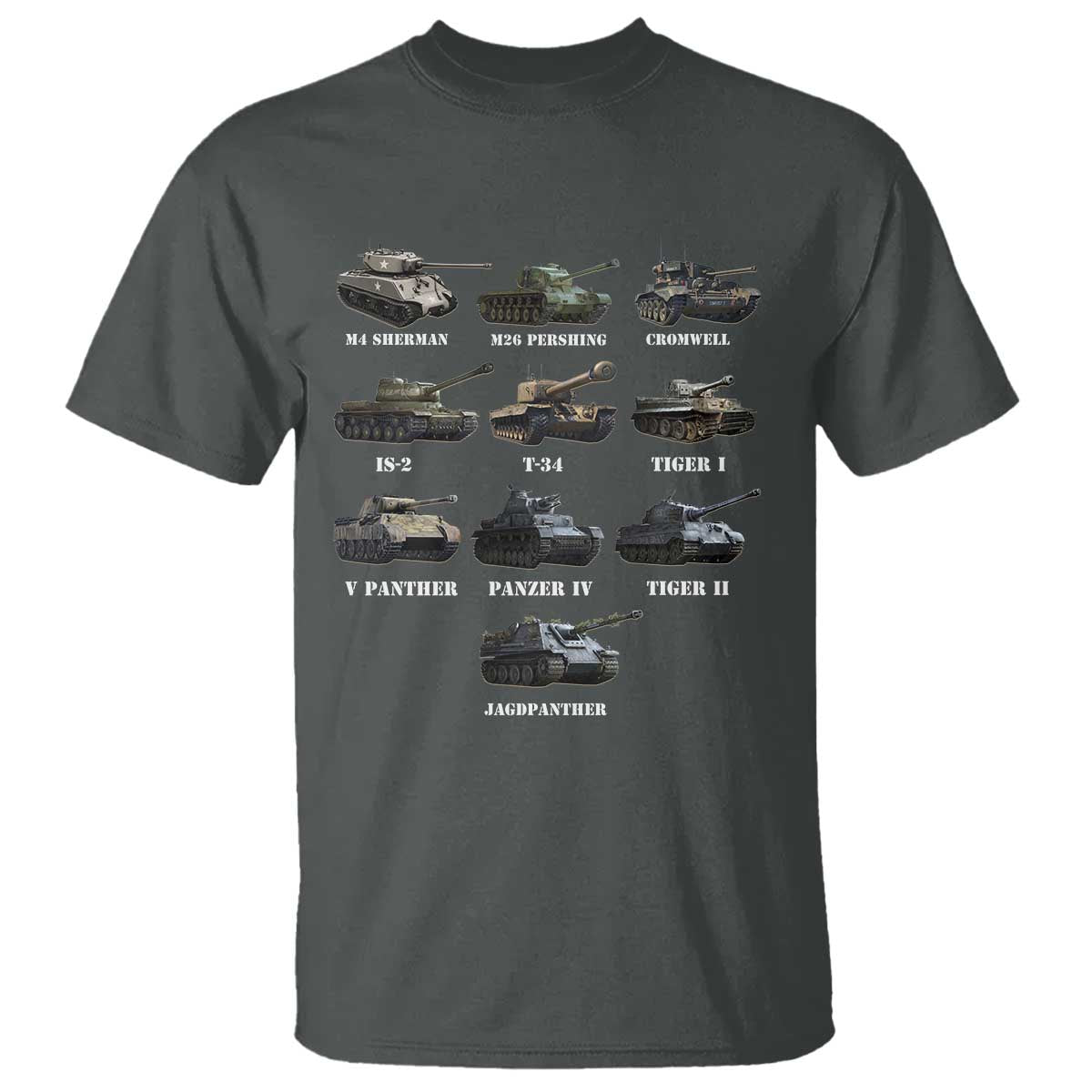 WW2 Tanks T Shirt M4 Sherman Panzer IV Tiger II T-34 History Buff TS02 Dark Heather Print Your Wear